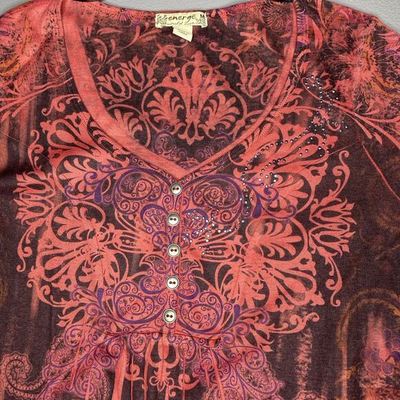 ENERGE WORLD WEAR Top Rhinestone Long Sleeve Hippie Boho Womens M Maroon Purple - Picture 7 of 10